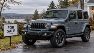 Illustration of an Anvil Gray Wrangler 4xe parked beside a “For Sale” sign on an autumn driveway.