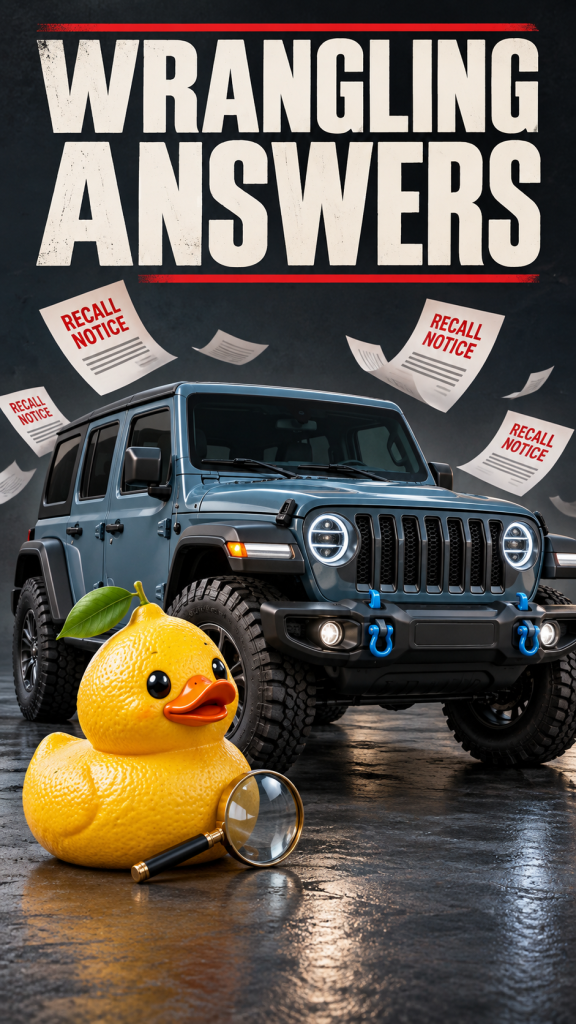 Wrangling Answers graphic featuring a gray off-road SUV, floating recall notices, and a lemon-headed rubber duck beside a magnifying glass.