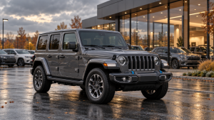 Anvil-gray Jeep Wrangler with blue tow hooks parked outside a showroom on a wet autumn evening.