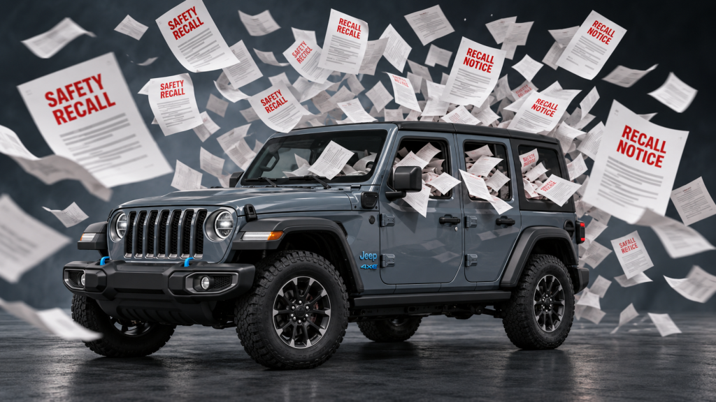 Illustration of an Anvil Gray Jeep Wrangler 4xe with recall notices spilling from its windows and swirling around it.